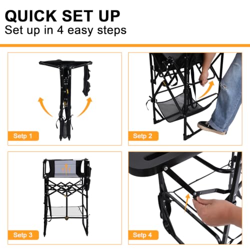 Black Oversized 30-Inch Tall Camping Chair with Side Table & Cup Holder - Supports 400 lbs