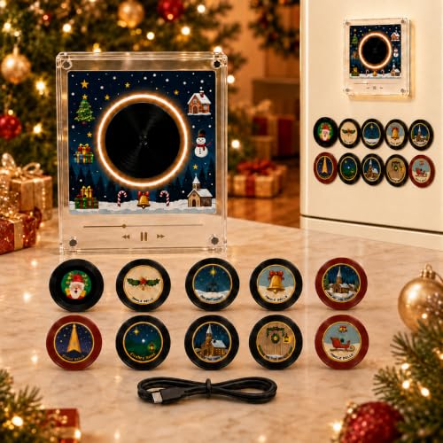 Black Christmas Mini Vinyl Record Player with NFC Discs & LED Glow - Magnetic Fridge Music Box