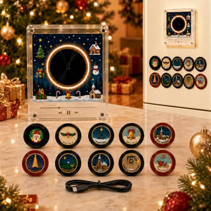 Black Christmas Mini Vinyl Record Player with NFC Discs & LED Glow - Magnetic Fridge Music Box