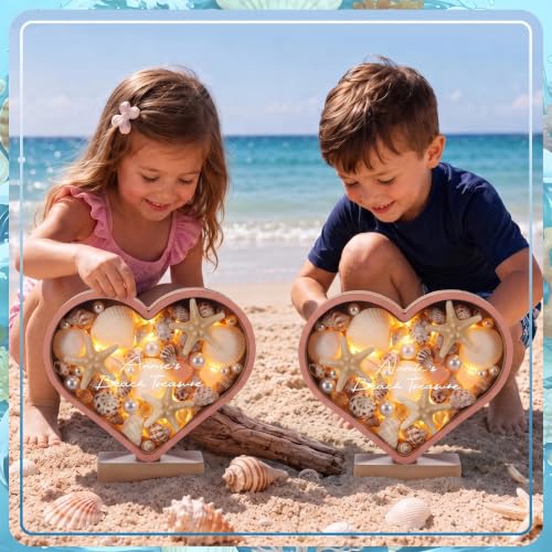 Heart-Shaped Wooden Seashell Display Stand with LED Light and Custom Name - Coastal Shadow Box