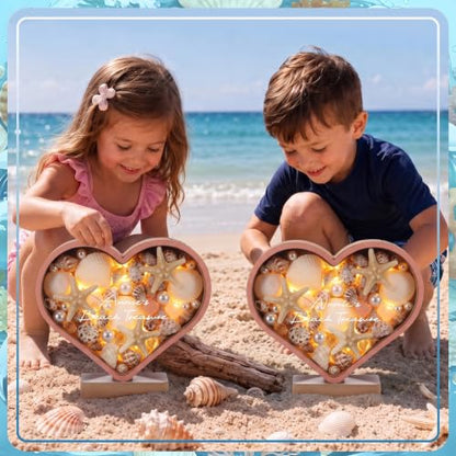 Heart-Shaped Wooden Seashell Display Stand with LED Light and Custom Name - Coastal Shadow Box