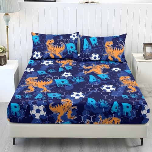 Soccer Dinosaurs Twin XL Bed Sheet Set for Kids Room Decor - 3 Piece Deep Pocket Bedding