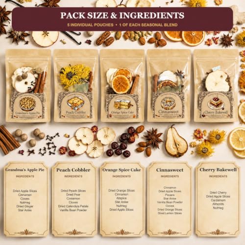 Christmas Simmer Pot Kit - 5 Pack Bakery Scented Potpourri with Dried Fruits & Spices - Cozy Home Fragrance