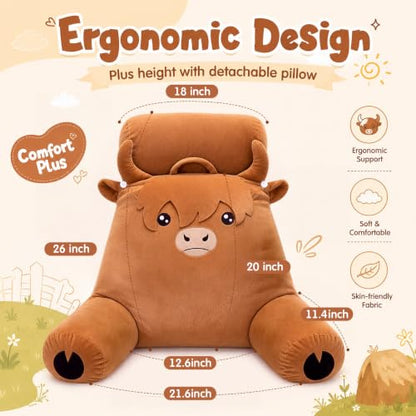 Large Highland Cow Reading Pillow with Removable Headrest & Armrests