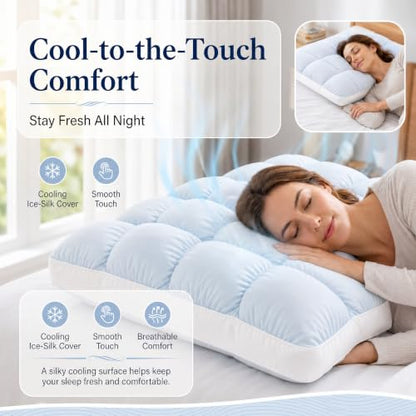 Baby Blue Fluffy Cloud Cooling Pillow with Ice Silk Cover for Sleep, Supportive & Machine Washable