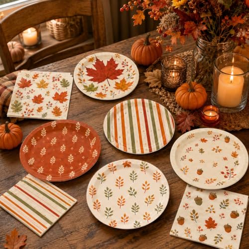 Fall Party Plates and Napkins Set - Pumpkin Leaf Designs for Autumn Harvest Thanksgiving