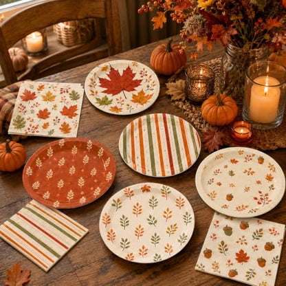 Fall Party Plates and Napkins Set - Pumpkin Leaf Designs for Autumn Harvest Thanksgiving