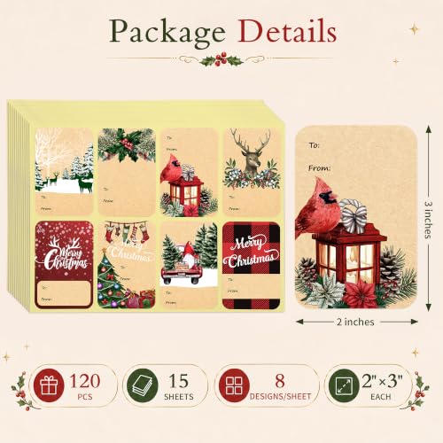 Christmas New Self Adhesive Gift Tag Stickers - 120 Pieces, 8 Designs