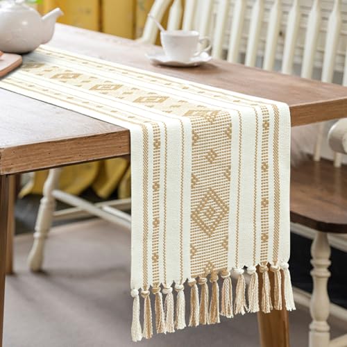 Khaki Boho Rustic Table Runner 13x72 Inches with Tassels for Farmhouse Dining