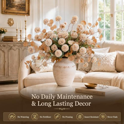 Artificial Flowers Set - 12Pcs Faux Silk Pompon Mums & Eucalyptus Beige