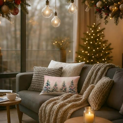 Christmas Tree Coquette Pink Bow Lumbar Pillow Cover 12x20 Pack of 1 - Girly Holiday Decor