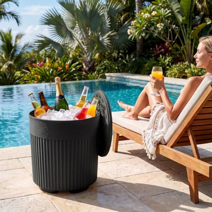 GIANTEX 3-in-1 Outdoor Ice Bucket Cooler Side Table with Storage - Black