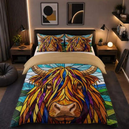 Highland Cow Floral Duvet Cover Set for Farmhouse Bedroom, 16 Queen 90x90in + 20x30in Pillowcases