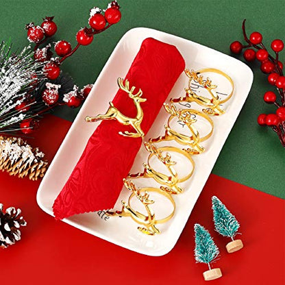 Willbond Gold Reindeer Napkin Rings - Set of 6 Christmas Table Decor