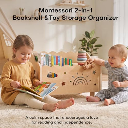 Natural Montessori Toddler Bookshelf with Rainbow & Cloud Cutouts - Wooden Childrens Storage
