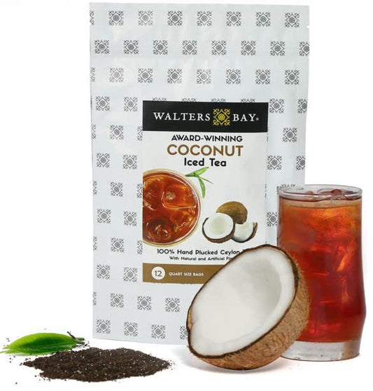 Walters Bay Coconut Iced Tea - 12 Quart-Sized Tea Bags, Ceylon Tea, 100% Hand Plucked, Black Tea, Unsweetened, Tropical Coconut Flavor