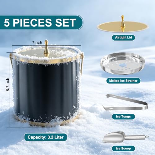 Black and Gold 3.2L Double Wall Ice Bucket with Lid, Scoop & Tongs