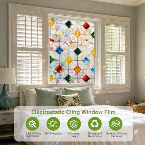 3D Stained Glass Window Privacy Film No‑Glue Static Cling with Installation Tools - Square Gem 17.5 x 78.7 Inch