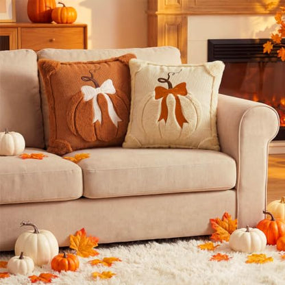 Beige & Dark Rust Fall Pumpkin Throw Pillow Covers 18x18 Set of 2