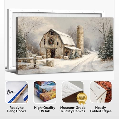 KVTM Winter Wall Art Canvas - Rustic Barn Snowy Landscape 12x24 Inches - Serene Farmhouse Decor