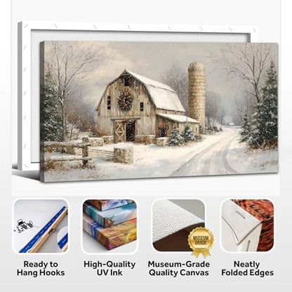KVTM Winter Wall Art Canvas - Rustic Barn Snowy Landscape 12x24 Inches - Serene Farmhouse Decor