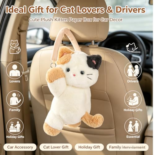 Lying Bear Cat Tissue Box Holder Plush Hanging Napkin Dispenser for Car & Home