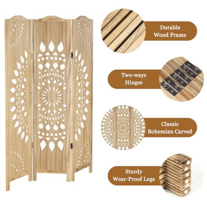 Room Divider 3 Panels - 5.62ft Tall Boho Folding Wood Privacy Screen, Natural (Variation of THIS listing: Natural / 3 Panels)