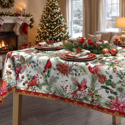 Christmas Tablecloth 60x60 Inch Water Resistant Square Cover - Red Cardinal & Holly