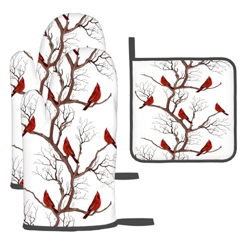 Winter Cardinal Oven Mitts and Pot Holders Set - Birds Cardinal Variation