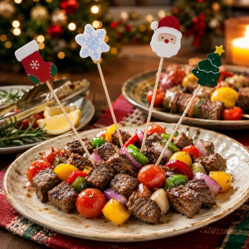 Christmas Santa Cocktail Picks Set - 200 Bamboo Toothpicks with Santa Design