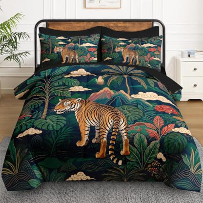 Jungle Tiger King Size Comforter Set - Tropical Bedding with Pillows & Sheets