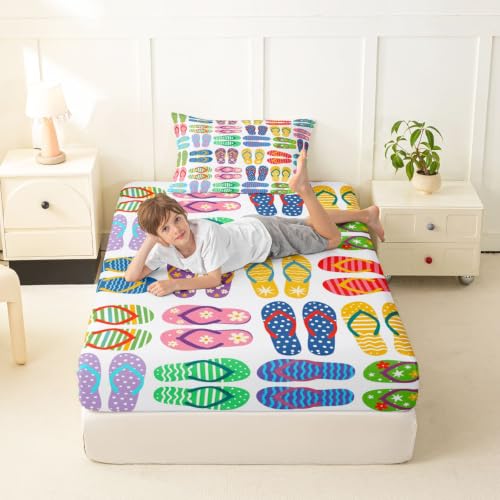 Colorful Kids Fitted Sheet Twin Size with Pillowcase - Striped Polka Dot Floral Bedding Set - Summer Beach Coastal Style - Manfei (W39xL75xH16)