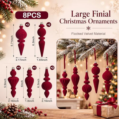 8 Pcs Burgundy Velvet Finial Christmas Tree Ornaments - Elegant Holiday Decor