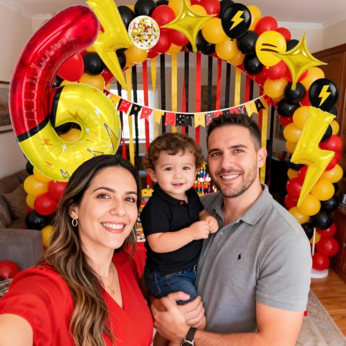 Lightning Theme 40 Inch Digit Foil Balloon Set - Red Yellow Black Party Decorations with Star & Lightning Balloons, Indoor Outdoor Celebration Supplies (Variation 6)