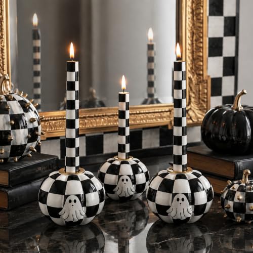 Halloween Black and White Checkerboard Candle Holders Set - Ghost & Pumpkin Design