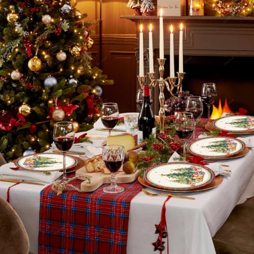 Christmas Paper Plates Set - 25 Disposable Holiday Tableware with Plaid Tree Print