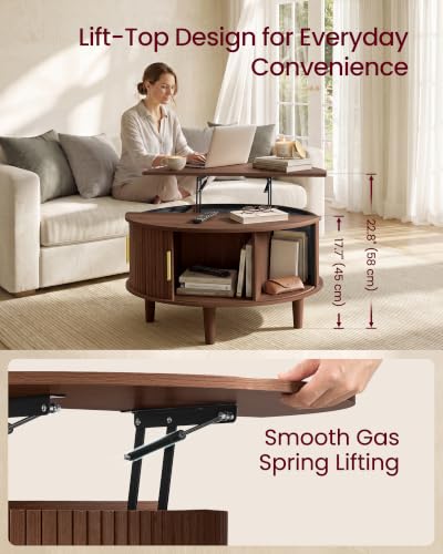 Round Coffee Table with Lift Top and Tambour Sliding Door - Chestnut Brown, 31.5 inch Diameter
