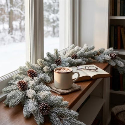Flocked Christmas Garland with Snowy Pine Branches for Holiday Decor 6ft