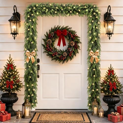 9Ft 2 Pack Prelit Real Touch Cedar Garland with Lights for Christmas Decorations