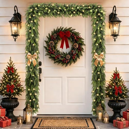 9Ft 2 Pack Prelit Real Touch Cedar Garland with Lights for Christmas Decorations