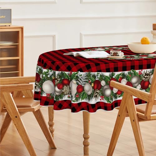 Christmas Tablecloth 60 x 84 Inch Oval with Holiday Ball Ornaments - Red