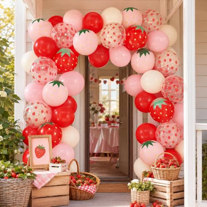 Pink and Red Strawberry Balloons Set - 12 Inch Party Decor, 30 Pieces