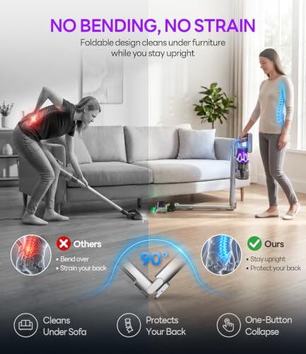 Purple Foldable Cordless Vacuum Cleaner - 75 Min Runtime, 55kPa Suction, 650W Stick Vacuum