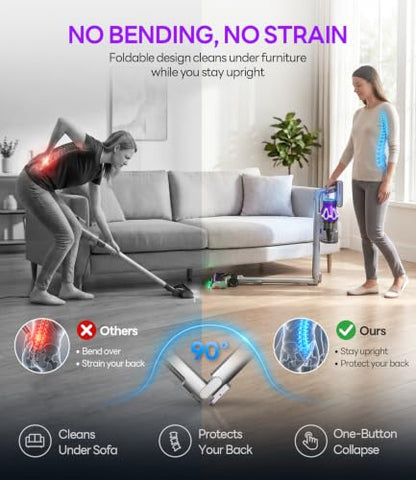 Purple Foldable Cordless Vacuum Cleaner - 75 Min Runtime, 55kPa Suction, 650W Stick Vacuum