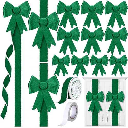 Green Christmas Cabinet Bow Set with Velvet Ribbon - 16 Pre-Tied Bows & Decor