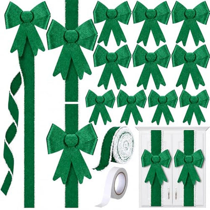 Green Christmas Cabinet Bow Set with Velvet Ribbon - 16 Pre-Tied Bows & Decor