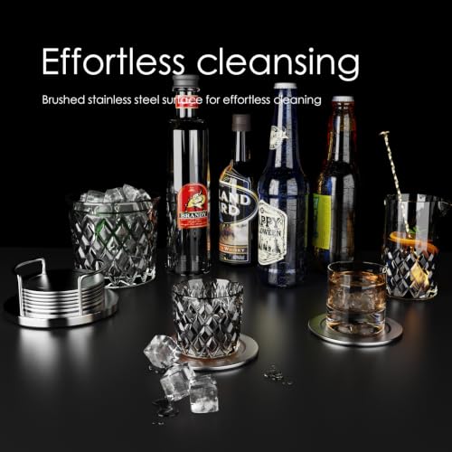 Silver Stainless Steel Coaster Set with Holder - 6 Modern Round Drink Coasters with Non-Slip EVA Base
