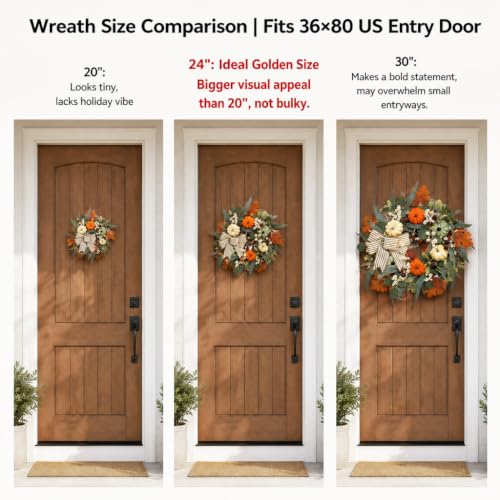 Lighted Fall Wreath with Pumpkins, Autumn Decor for Front Door 24 Inches