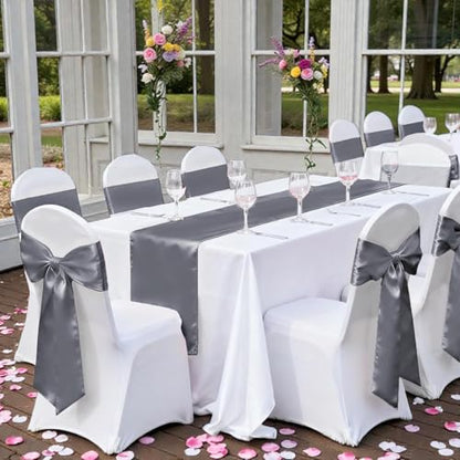 5 Pc Silver Gray Satin Table Runners 12 x 108 Inch for Wedding & Event Decor