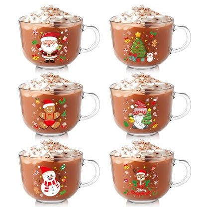 6 Pcs Christmas Glass Coffee Mugs Set - Multi Style Holiday Drinkware